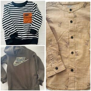 Boys Bundle of (3) Size 4T Long Sleeve Nike Hoodie, AOP Deer Button Up EUC